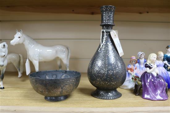 A 19th century Indian Bidri ware bottle vase and a similar bowl vase height 24cm